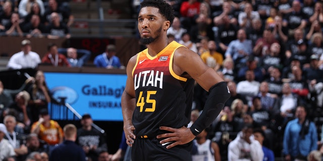 Donovan Mitchell, #45 of the Utah Jazz, looks on during Round 1 Game 6 of the 2022 NBA Playoffs against the Dallas Mavericks on April 28, 2022 at vivint.SmartHome Arena in Salt Lake City, Utah.