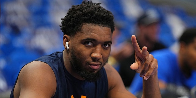 Donovan Mitchell, #45 of the Utah Jazz, before Round 1 Game 5 of the 2022 NBA Playoffs against the Dallas Mavericks on April 25, 2022 at the American Airlines Center in Dallas, Texas