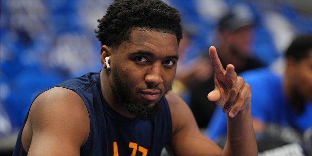 Donovan Mitchell, #45 of the Utah Jazz, before Round 1 Game 5 of the 2022 NBA Playoffs against the Dallas Mavericks on April 25, 2022 at the American Airlines Center in Dallas, Texas