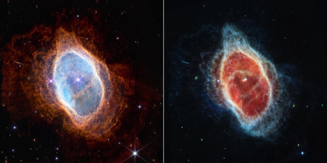 This side-by-side comparison shows observations of the Southern Ring Nebula in near-infrared light, at left, and mid-infrared light, at right, from NASA’s Webb Telescope.
