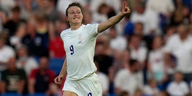 England's Ellen White celebrates after scoring her side's sixth goal during the Women Euro 2022 group A soccer match between England and Norway at Brighton & Hove Community Stadium in Brighton, England, Monday, July 11, 2022.