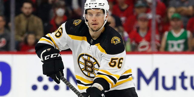 Boston Bruins' Erik Haula (56) moves the puck against the Carolina Hurricanes during the first period of Game 2 of an NHL hockey Stanley Cup first-round playoff series in Raleigh, N.C., Wednesday, May 4, 2022. The New Jersey Devils swapped forwards with the Boston Bruins, trading winger Pavel Zacha for center Erik Haula in a trade completed less than an hour before the NHL’s free agency period opened on Wednesday, July 13, 2022.