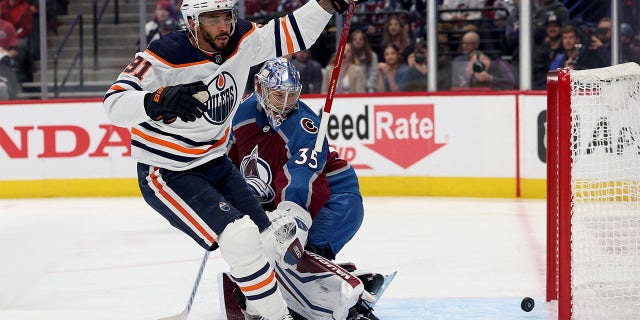 Evander Kane #91 of the Edmonton Oilers celebrates after scoring a goal on Darcy Kuemper #35 of the Colorado Avalanche during the first period in Game One of the Western Conference Final of the 2022 Stanley Cup Playoffs at Ball Arena on May 31, 2022 in Denver, Colorado.