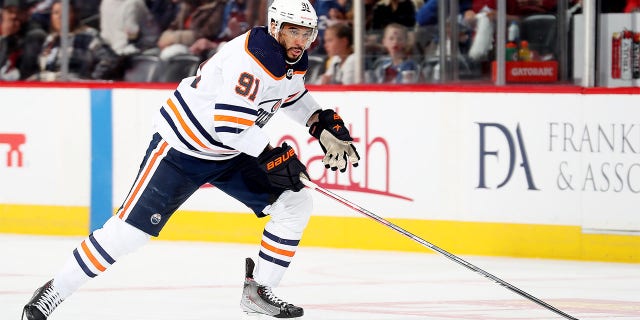 Evander Kane #91 of the Edmonton Oilers skates against the Colorado Avalanche in Game One of the Western Conference Final of the 2022 Stanley Cup Playoffs at Ball Arena on May 31, 2022 in Denver, Colorado.