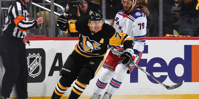Evgeni Malkin #71 of the Pittsburgh Penguins celebrates his goal during the second period against the New York Rangers in Game Six of the First Round of the 2022 Stanley Cup Playoffs at PPG PAINTS Arena on May 13, 2022 in Pittsburgh, Pennsylvania.