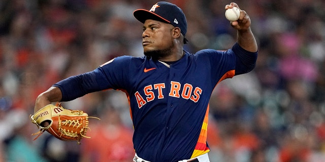 Houston Astros starting pitcher Framber Valdez throws during the first inning of a baseball game against the Los Angeles Angels Sunday, July 3, 2022, in Houston.