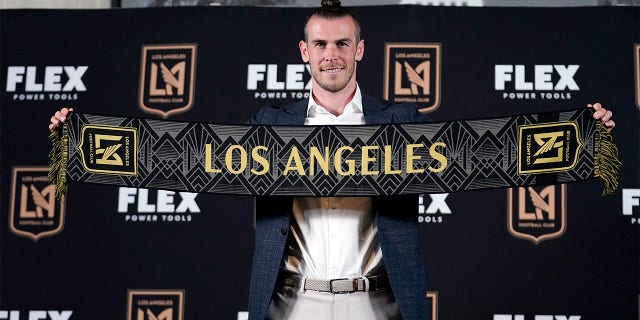 Gareth Bale poses for photos after being introduced as a new member of the Los Angeles FC MLS soccer club Monday, July 11, 2022, in Los Angeles.