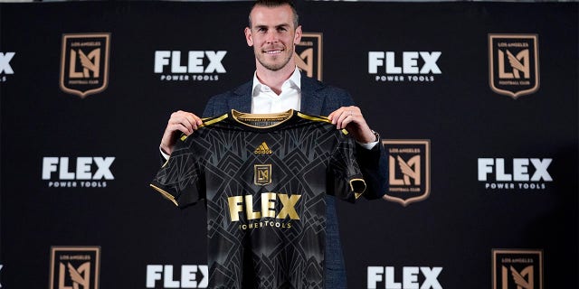 Gareth Bale poses for photos after being introduced as a new member of the Los Angeles FC MLS soccer club Monday, July 11, 2022, in Los Angeles.