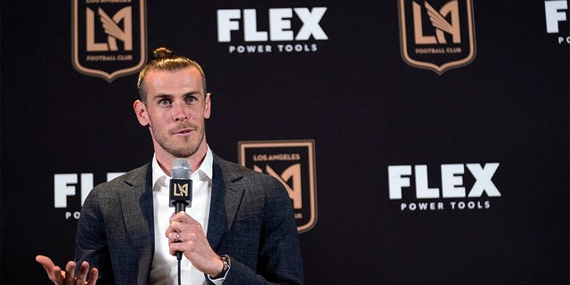 Gareth Bale fields questions as he is introduced as a new member of the Los Angeles FC MLS soccer club Monday, July 11, 2022, in Los Angeles. 