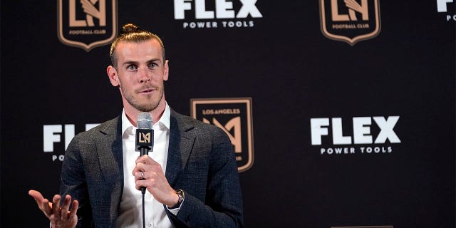 Gareth Bale fields questions as he is introduced as a new member of the Los Angeles FC MLS soccer club Monday, July 11, 2022, in Los Angeles.