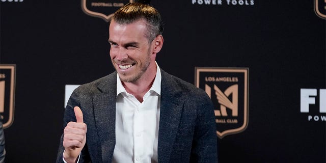 Gareth Bale gives a thumbs-up as he is introduced as a new member of the Los Angeles FC MLS soccer club Monday, July 11, 2022, in Los Angeles.