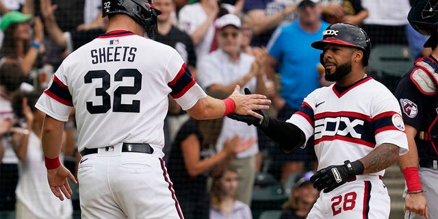 Leuri Garcia of the Chicago White Sox celebrates with Gavin Sheets after hitting a two-run home run during the second inning of a baseball game in Chicago, Sunday, July 24, 2022. 