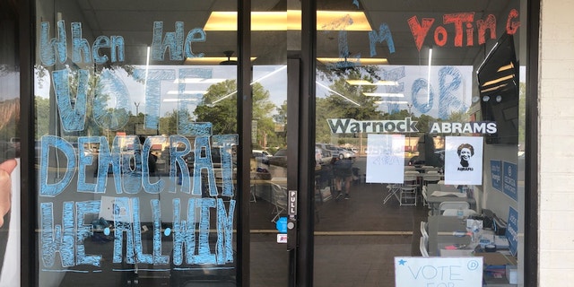 Side-by-side photos show the Democratic Party of Georgia's campaign office in Sandy Springs located near a polling station.