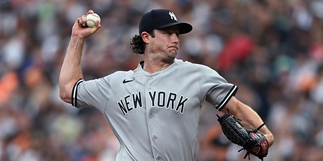 New York Yankees pitcher Gerrit Cole throws to batter the Baltimore Orioles during the first innings Saturday, July 23, 2022 in Baltimore.