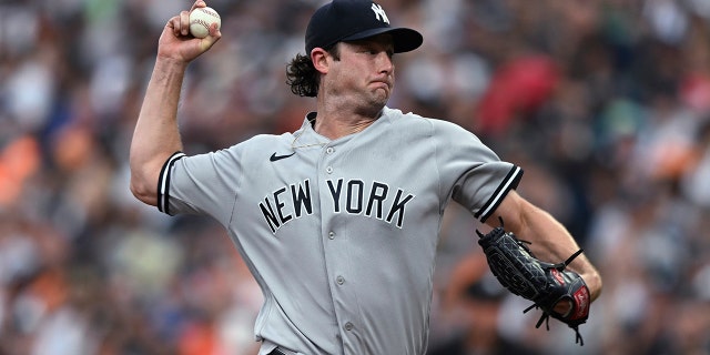 New York Yankees pitcher Gerrit Cole throws to batter the Baltimore Orioles during the first innings Saturday, July 23, 2022 in Baltimore.