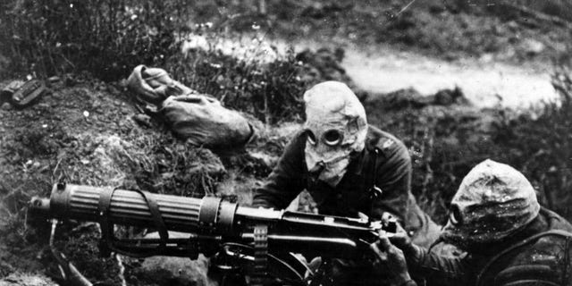 A photo of gas-masked men of the British Machine Gun Corps with a Vickers machine gun during the first battle of the Somme in 1916. Garrett Morgan earned a patent for his gas mask invention in 1914 and shared the technology with Allied armies. 
