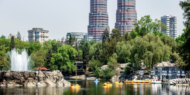 Paddleboats on the lake at Bosque de Chapultepec forest park.