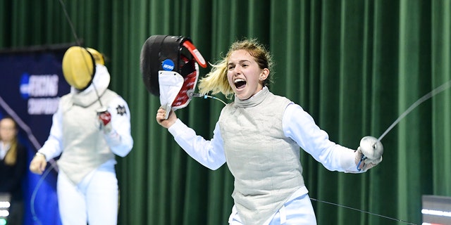 Sylvie Binder of Colombia celebrates after winning the Foil Semifinals at the Division I Women's Fencing Championships on March 24, 2019 at the Walstein Center on the Cleveland State University campus in Ohio.