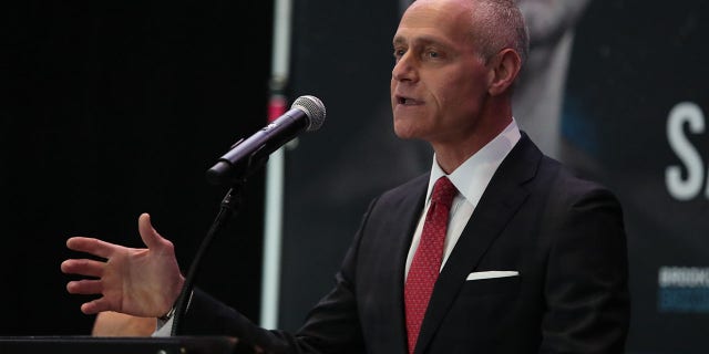 Brett Yormark CEO of Barclays Center, talks with members of the media about the upcoming PBC on FOX card at Barclays Center on June 18, 2019, in New York City.