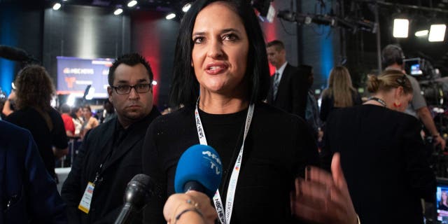 Democratic presidential hopeful Pete Buttigieg's spokesperson Lis Smith speaks to the press in the Spin Room after participating in the second Democratic primary debate of the 2020 presidential campaign season hosted by NBC News at the Adrienne Arsht Center for the Performing Arts in Miami, Florida, June 27, 2019. (Photo by JIM WATSON / AFP) (Photo credit should read JIM WATSON/AFP via Getty Images)