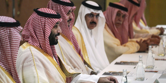 At the meeting on Sunday, June 30, 2019, Saudi Arabian Crown Prince Mohammed bin Salman will speak second from the left. 