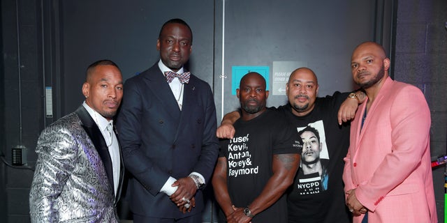 Korey Wise, Yusef Salaam, Antron McCray, Raymond Santana Jr. and Kevin Richardson aka the 'Central Park Five' speak are seen backstage at the 2019 BET Awards at Microsoft Theater on June 23, 2019, in Los Angeles, California. 