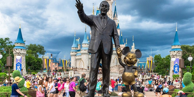 Walt Disney and Mickey Mouse statue inside the Magic Kingdom theme park on July 17, 2019.