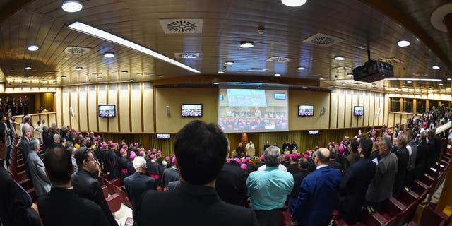 Pope Francis (in the background), Secretary of the Congregation for Bishops, Italian Cardinal Lorenzo Baldisseri (in the background), Catholic prelates and those present pray during the opening of the Special Assembly of the Synod of Bishops of the Panamazonian Region in October. September 7, 2019 at the Vatican. (Photo by ANDREAS SOLARO/AFP via Getty Images)