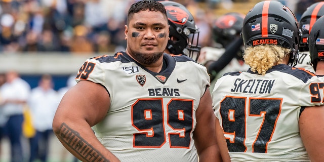Oregon State Beavers defensive lineman Elu Aydon (99) during a break in the last minute of the game between the Oregon State Beavers and the California Golden Bears on Saturday, October 19, 2019 at Memorial Stadium in Berkeley, California.