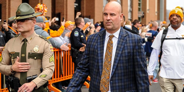 Tennessee Volunteers head coach Jeremy Pruitt on the Vol Walk before the game against the Vanderbilt Commodores.  February 30, 2019 at Neyland Stadium in Knoxville, Tennessee.