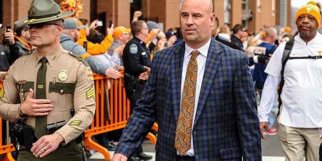 Tennessee Volunteers head coach Jeremy Pruitt walking in the Vol Walk before a game against the Vanderbilt Commodores Nov. 30, 2019, at Neyland Stadium in Knoxville, Tenn.