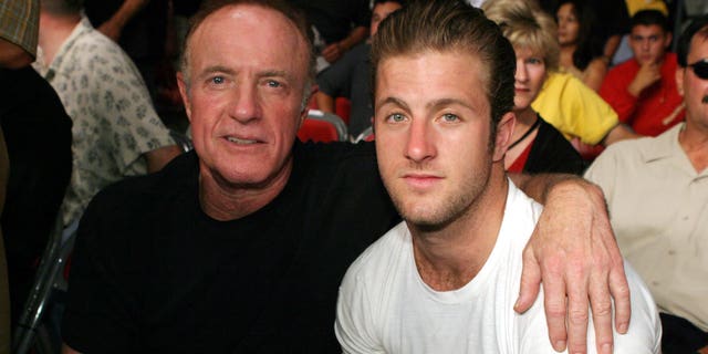 James Caan and son Scott Caan during Fernando Vargas vs Fitz Vanderpool Ringside at The Grand Olympic Auditorium in Los Angeles, California, United States. James was married to Scott's mother, Sheila Marie Ryan, for one year in 1976.