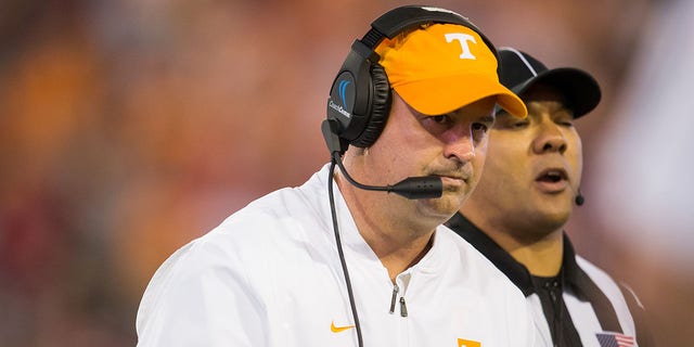 Tennessee Volunteers head coach Jeremy Pruitt walks to the sideline during the 2020 TaxSlayer Gator Bowl game against the Indiana University Hoosiers and at TIAA Bank Field in Jacksonville, Fla., Jan. 2, 2020.
