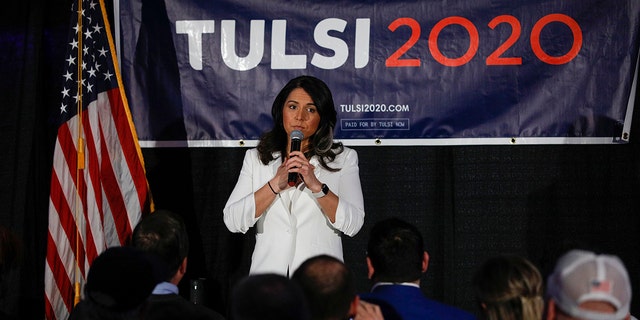 Then-Democratic presidential candidate US Representative Tulsi Gabbard, D-Hawaii, holds a Town Hall meeting on Super Tuesday Primary night on March 3, 2020 in Detroit, Michigan. 