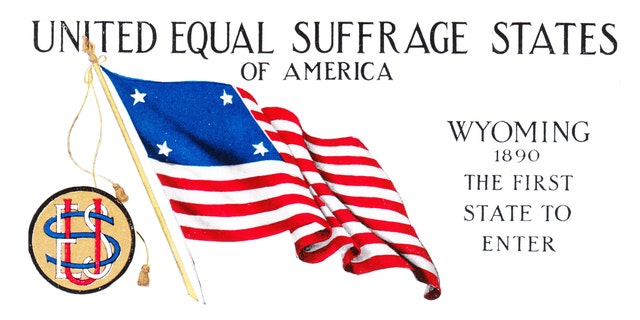 Endorsed by the National Woman's Suffrage Association, published in 1910 by the Cargill Company, Grand Rapids, Michigan, a suffrage postcard with a four-star American flag celebrating Wyoming as the first of four states to grant women full voting rights.  Photography by Emilia Van Beugen.