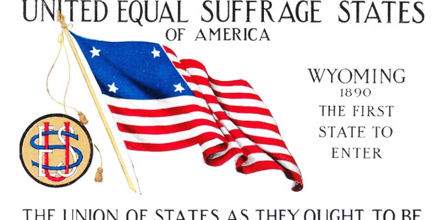 Suffrage postcard, with a four-starred American flag, celebrating Wyoming as the first of four states to grant women full voting rights, endorsed by the National Woman's Suffrage Association, published by the Cargill Company, Grand Rapids, Michigan, 1910; photography by Emilia van Beugen.