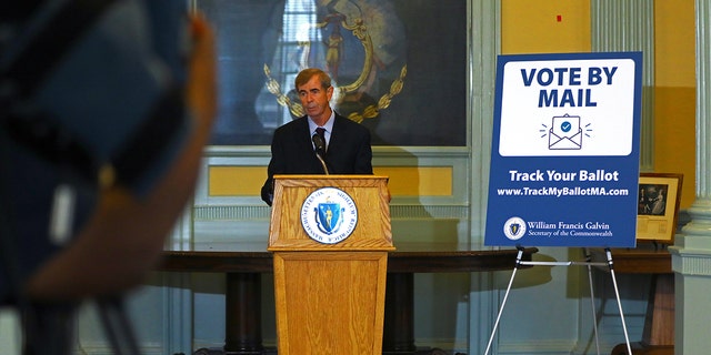 Massachusetts Secretary of State William Galvin holds a press conference in the Senate Reading Room of the Massachusetts State House to discuss mail-in voting and an early voting period during the continuing coronavirus pandemic in Boston on Oct. 5, 2020. 