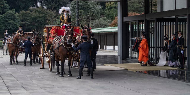 TOKYO, JAPAN - NOVEMBER 08: Crown Prince Fumihito leaves the Imperial Palace after being formally declared first in line to the Chrysanthemum Throne during a ceremony in which Emperor Naruhito proclaimed his younger brother crown prince to the people of Japan on November 8, 2020 in Tokyo, Japan. (Photo by Carl Court/Getty Images)