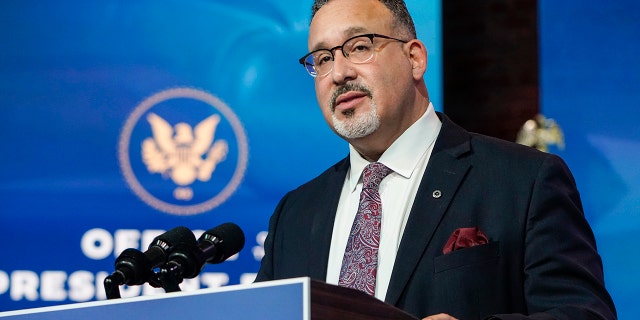 Miguel Cardona speaks after President-Elect Joe Biden announced his nomination for Education Secretary at the Queen theatre on December 23, 2020 in Wilmington, Delaware. 