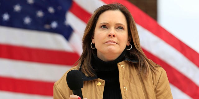 Mercedes Schlapp speaks to a crowd during the Save America Tour at The Bowl at Sugar Hill Jan. 3, 2021, in Sugar Hill, Ga.