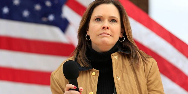 Mercedes Schlapp speaks to a crowd during the Save America Tour at The Bowl at Sugar Hill Jan. 3, 2021, in Sugar Hill, Ga.