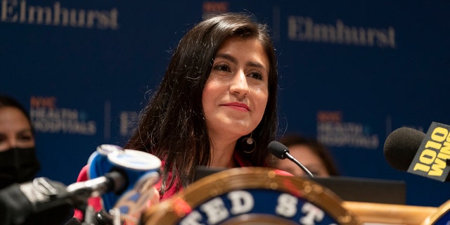 State Sen. Jessica Ramos speaks as Rep. Alexandria Ocasio-Cortez and others advocate for money to upgrade the obstetrical facility at Elmhurst hospital.