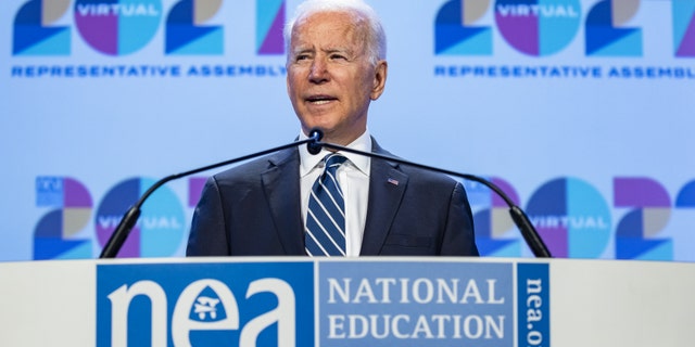 U.S. President Joe Biden speaks during the National Education Association's annual meeting and representative assembly event in Washington, D.C., U.S., on Friday, July 2, 2021.