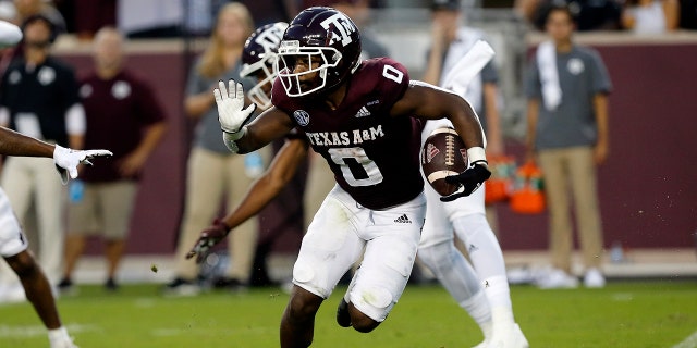 Texas A&M Aggies wide receiver Inias Smith (0) scores a point during a game against the Mississippi State Bulldogs on October 1. February 2, 2021 at Kyle Field, College Station, Texas.