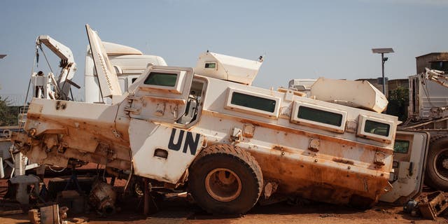 A United Nations (UN) armored vehicle that was hit by an Improvised Explosive Device (IED).  The improvised explosive devices hidden in the streets of Malian and foreign soldiers operating in Mali are one of the most frequent attacks by jihadist armed groups operating in Mali.  (AMAURY HAUCHARD / AFP via Getty Images)