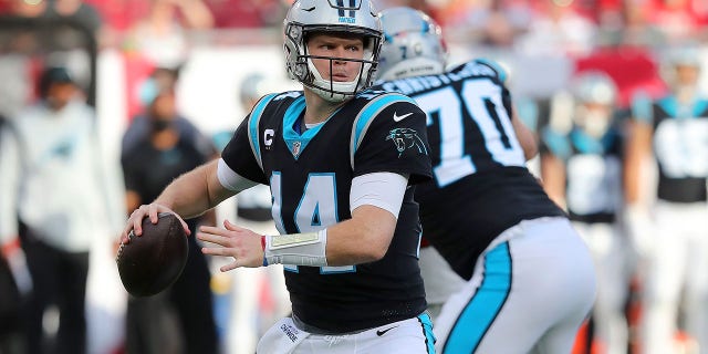 Carolina Panthers quarterback Sam Darnold looks to pass against the Buccaneers on Jan. 9, 2022, at Raymond James Stadium in Tampa, Florida.