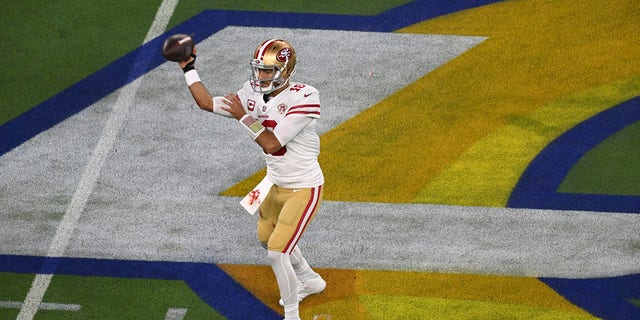 San Francisco 49ers QB Jimmy Garoppolo in action in the NFC Championship against the Los Angeles Rams at SoFi Stadium in Inglewood, Calif., Jan. 30, 2022 Football.