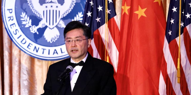 Chinese Ambassador to the United States Qin Gang speaks at an event marking the 50th anniversary of former US President Richard Nixon's visit to China in Yorba Linda, California, February.  24, 2022. 