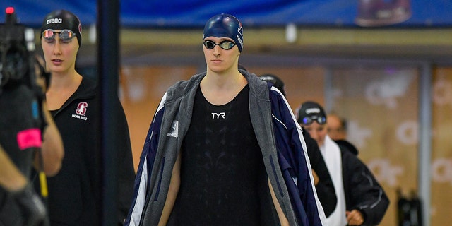 University of Pennsylvania swimmer Lia Thomas enters for the 200 Freestyle final during the NCAA Swimming and Diving Championships on March 18, 2022, at the McAuley Aquatic Center in Atlanta Georgia.