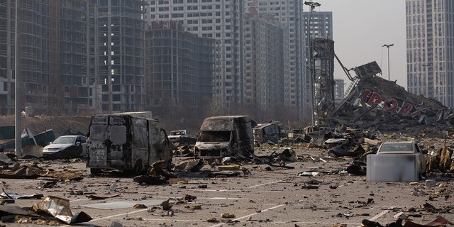 KYIV, UKRAINE - MARCH 23: The site of a rocket explosion where a shopping mall used to be on March 23, 2022 in Kyiv, Ukraine. 